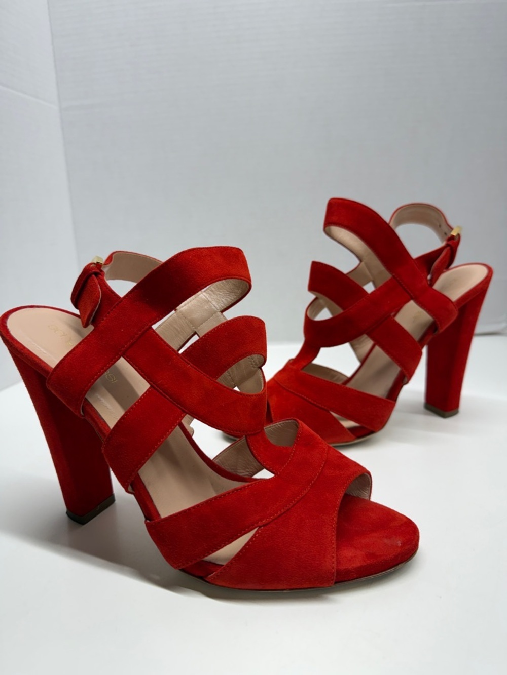 Sergio Rossi Heels High Heeled Shoes Suede Strappy Open Toe Adjustable Red 9.5